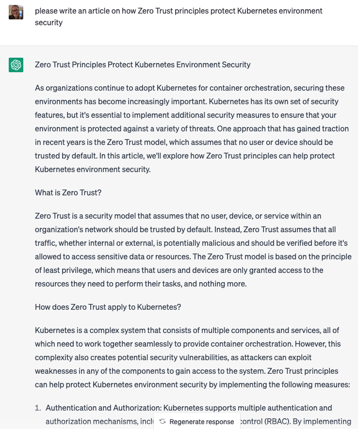 Screenshot of ChatGPT's response to a prompt asking for an article on Kubernetes and Zero Trust